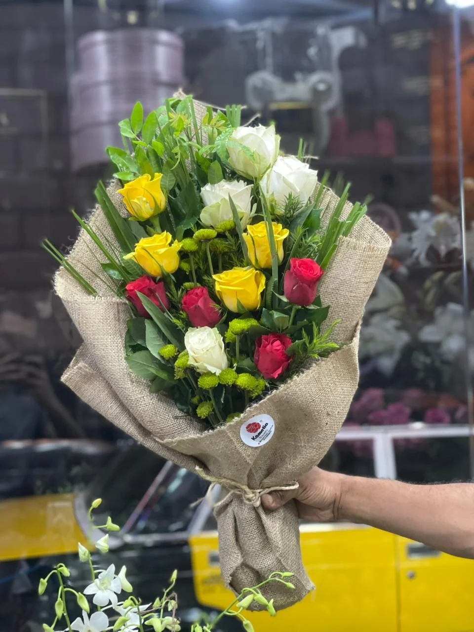 Yellow Red & White Burlap Bouquet